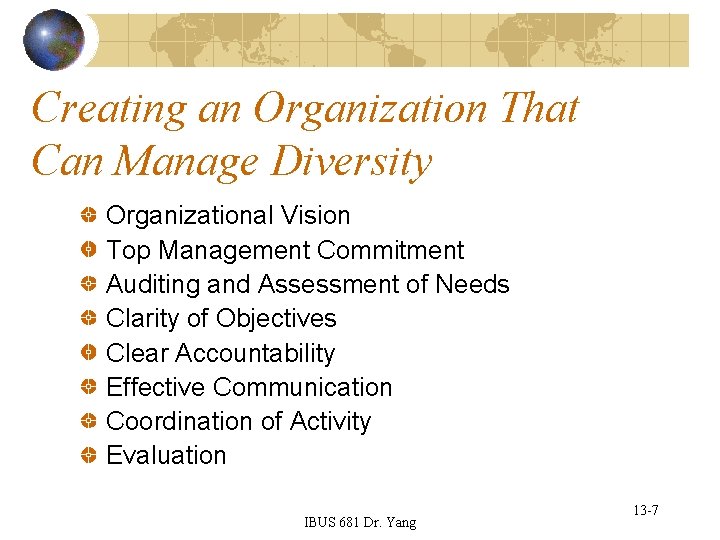 Creating an Organization That Can Manage Diversity Organizational Vision Top Management Commitment Auditing and