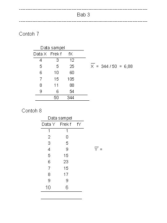 ---------------------------------------Bab 3 ---------------------------------------Contoh 7 Data sampel Data X Frek f f. X 4 3