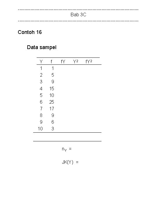 ---------------------------------------Bab 3 C --------------------------------------- Contoh 16 Data sampel Y 1 2 3 4 5