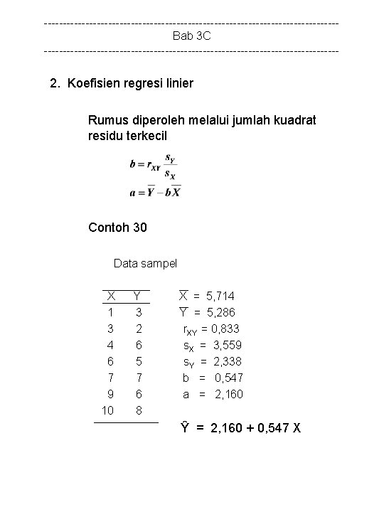 ---------------------------------------Bab 3 C --------------------------------------- 2. Koefisien regresi linier Rumus diperoleh melalui jumlah kuadrat residu