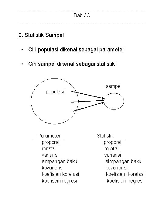 ---------------------------------------Bab 3 C --------------------------------------- 2. Statistik Sampel • Ciri populasi dikenal sebagai parameter •