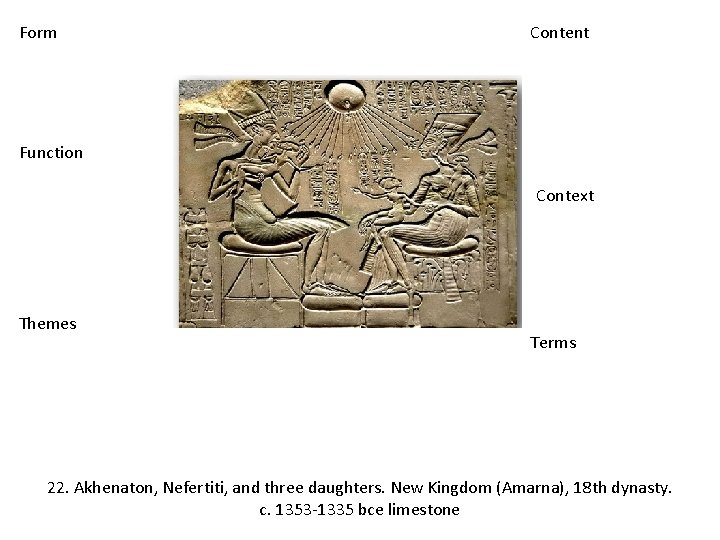 Form Content Function Context Themes Terms 22. Akhenaton, Nefertiti, and three daughters. New Kingdom