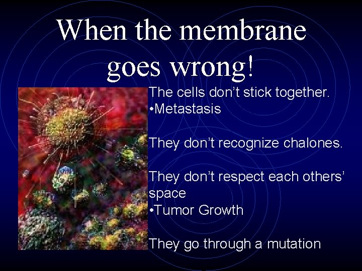 When the membrane goes wrong! The cells don’t stick together. • Metastasis They don’t