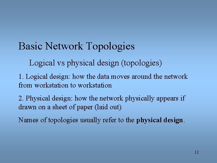 Basic Network Topologies Logical vs physical design (topologies) 1. Logical design: how the data