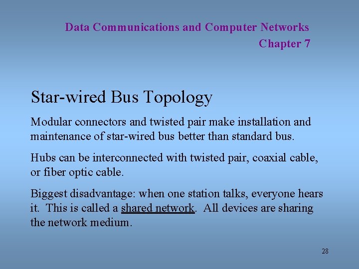Data Communications and Computer Networks Chapter 7 Star-wired Bus Topology Modular connectors and twisted