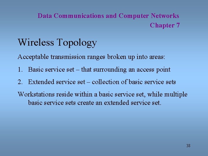 Data Communications and Computer Networks Chapter 7 Wireless Topology Acceptable transmission ranges broken up