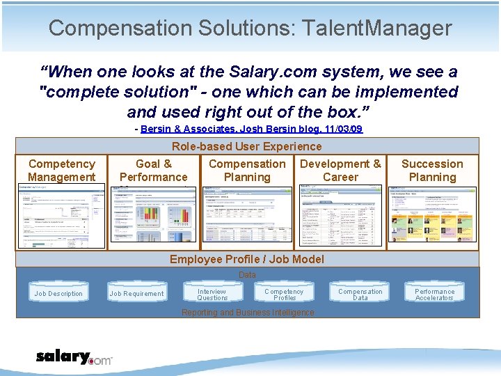 Compensation Solutions: Talent. Manager “When one looks at the Salary. com system, we see