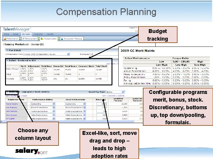 Compensation Planning Budget tracking Configurable programs merit, bonus, stock. Discretionary, bottoms up, top down/pooling,
