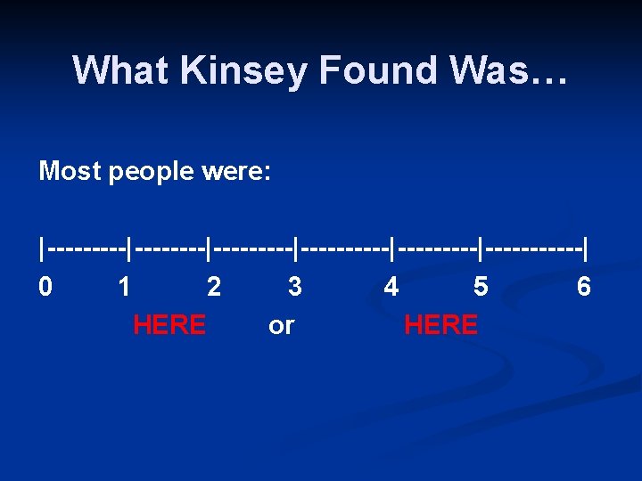 What Kinsey Found Was… Most people were: |---------|----------|-----------| 0 1 2 3 4 5