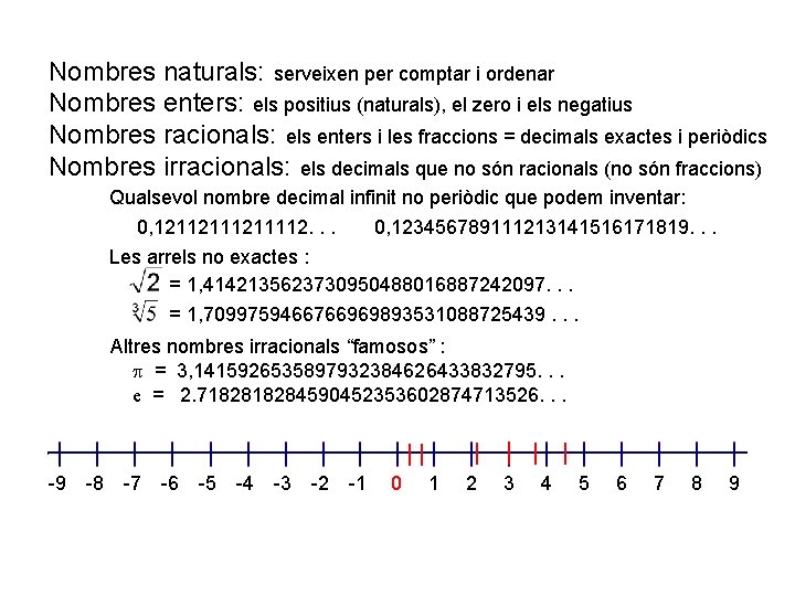 Nombres naturals: serveixen per comptar i ordenar Nombres enters: els positius (naturals), el zero