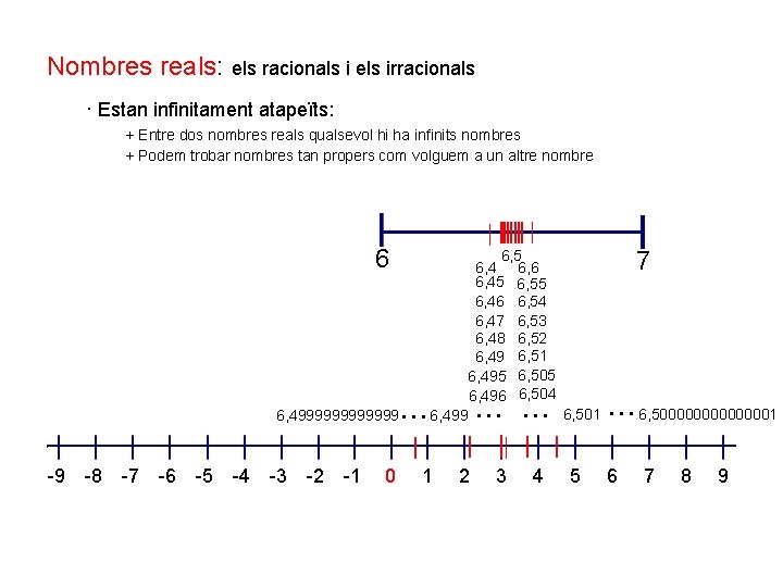 Nombres reals: els racionals i els irracionals · Estan infinitament atapeïts: + Entre dos