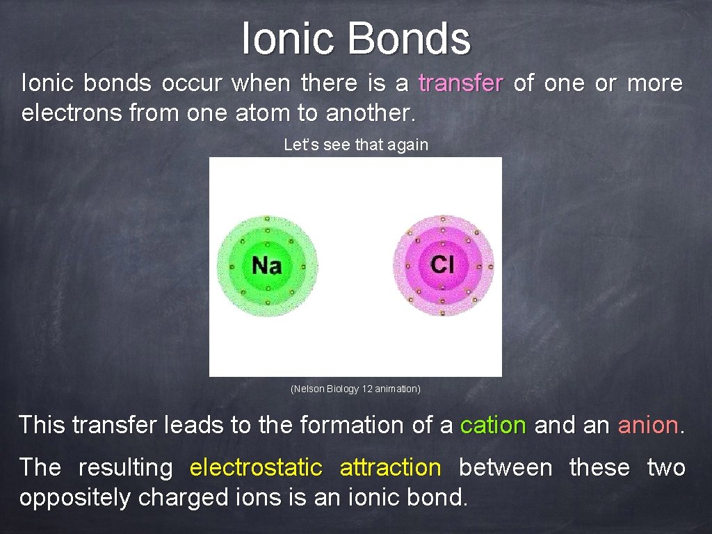 Ionic Bonds Ionic bonds occur when there is a transfer of one or more