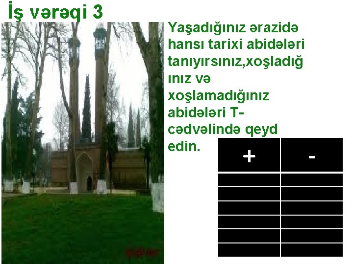 İş vərəqi 3 Yaşadığınız ərazidə hansı tarixi abidələri tanıyırsınız, xoşladığ ınız və xoşlamadığınız abidələri