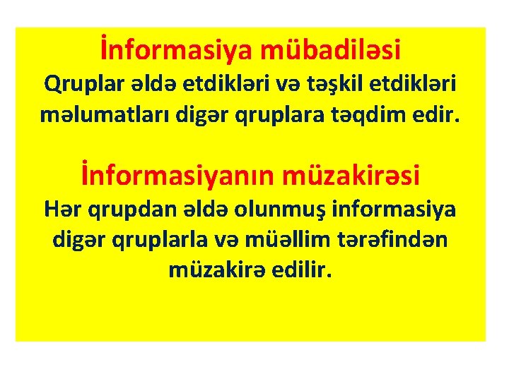 İnformasiya mübadiləsi Qruplar əldə etdikləri və təşkil etdikləri məlumatları digər qruplara təqdim edir. İnformasiyanın