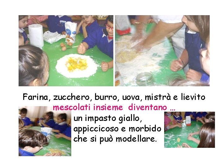 Farina, zucchero, burro, uova, mistrà e lievito mescolati insieme diventano … un impasto giallo,
