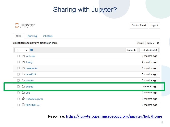 Sharing with Jupyter? Resource: https: //jupyter. openmicroscopy. org/jupyter/hub/home 8 Sharing with Jupyter? Resource: https: //jupyter. openmicroscopy. org/jupyter/hub/home 8