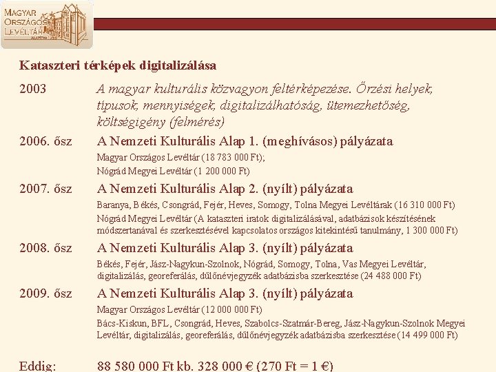 Kataszteri térképek digitalizálása 2003 2006. ősz A magyar kulturális közvagyon feltérképezése. Őrzési helyek, típusok,