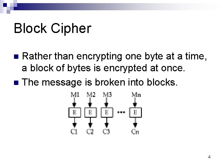 Block Cipher Rather than encrypting one byte at a time, a block of bytes