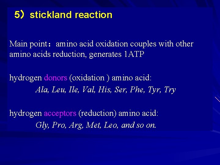 5）stickland reaction Main point：amino acid oxidation couples with other amino acids reduction, generates 1