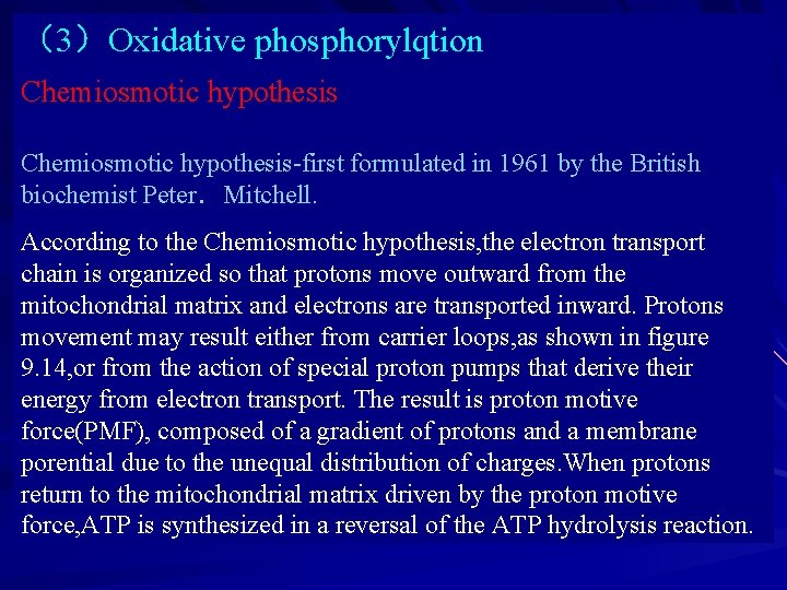 （3）Oxidative phosphorylqtion Chemiosmotic hypothesis-first formulated in 1961 by the British biochemist Peter．Mitchell. According to