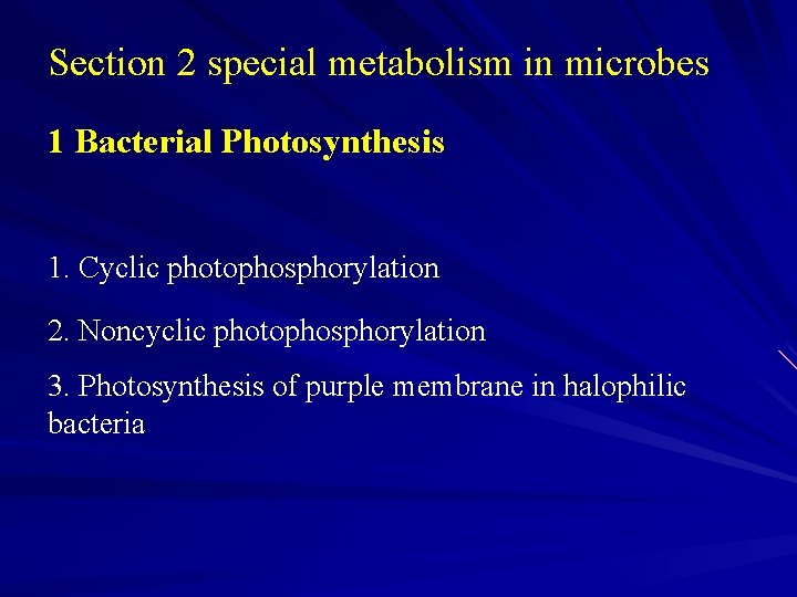 Section 2 special metabolism in microbes 1 Bacterial Photosynthesis 1. Cyclic photophosphorylation 2. Noncyclic
