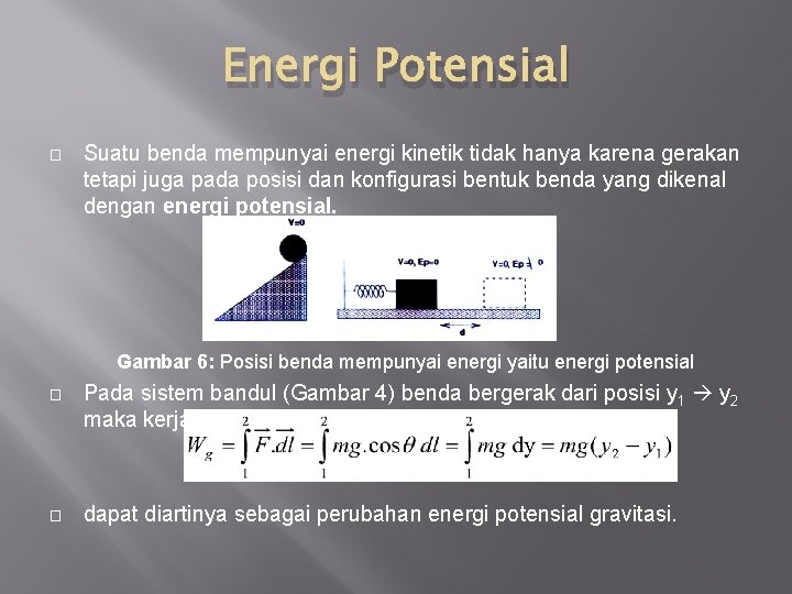 Energi Potensial � Suatu benda mempunyai energi kinetik tidak hanya karena gerakan tetapi juga