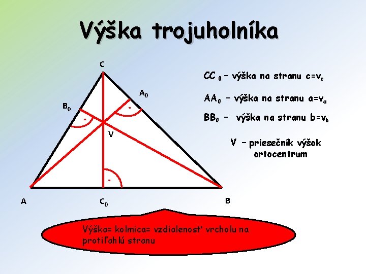 Výška trojuholníka C B 0 CC 0 – výška na stranu c=vc . .