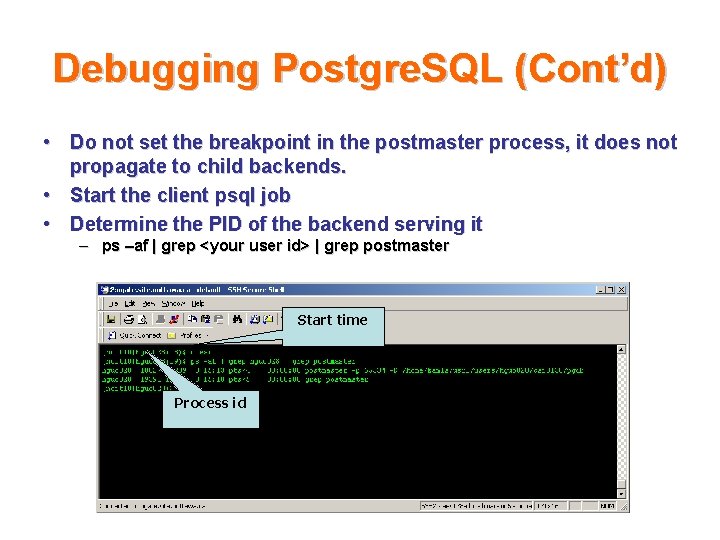 Debugging Postgre. SQL (Cont’d) • Do not set the breakpoint in the postmaster process,