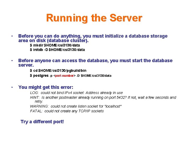 Running the Server • Before you can do anything, you must initialize a database