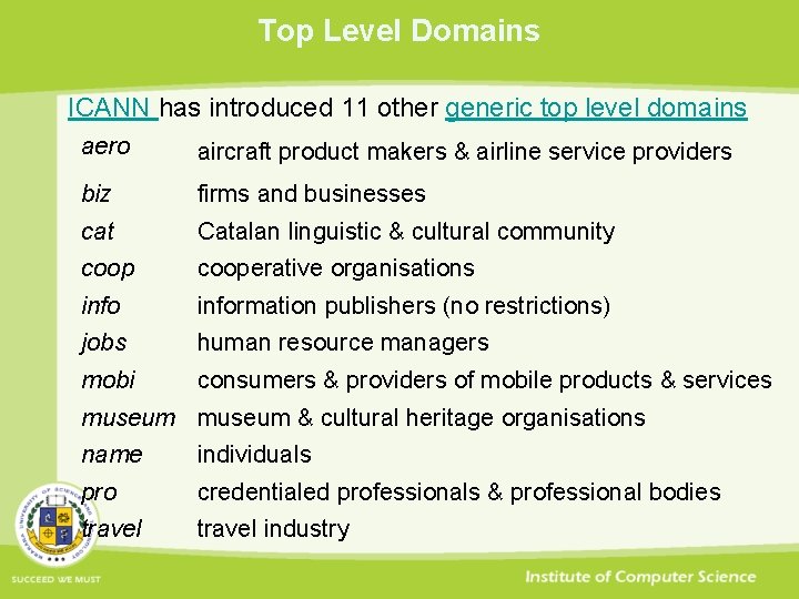 Top Level Domains ICANN has introduced 11 other generic top level domains aero aircraft