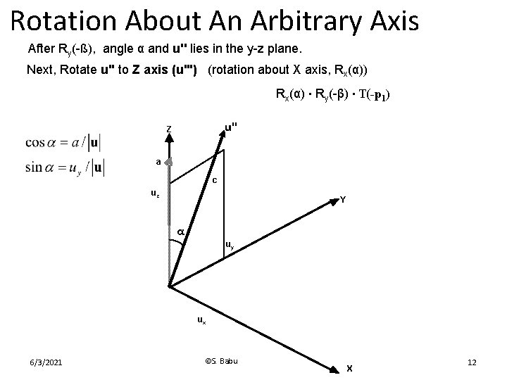 Rotation About An Arbitrary Axis After Ry(-ß), angle α and u'' lies in the
