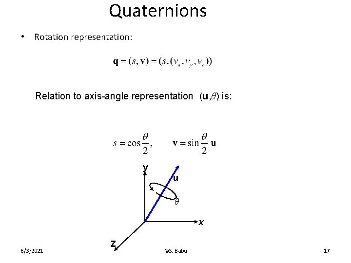Quaternions • Rotation representation: Relation to axis-angle representation (u, θ) is: y u θ