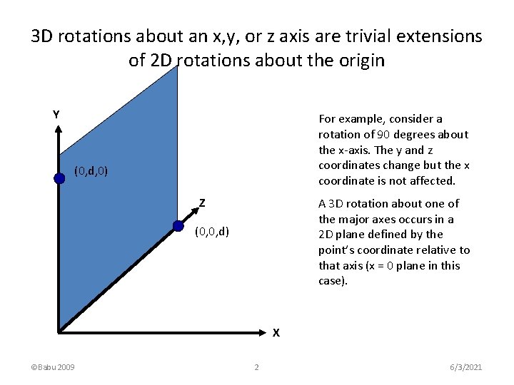 3 D rotations about an x, y, or z axis are trivial extensions of
