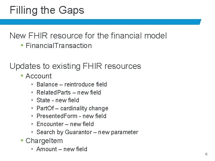 Filling the Gaps New FHIR resource for the financial model • Financial. Transaction Updates