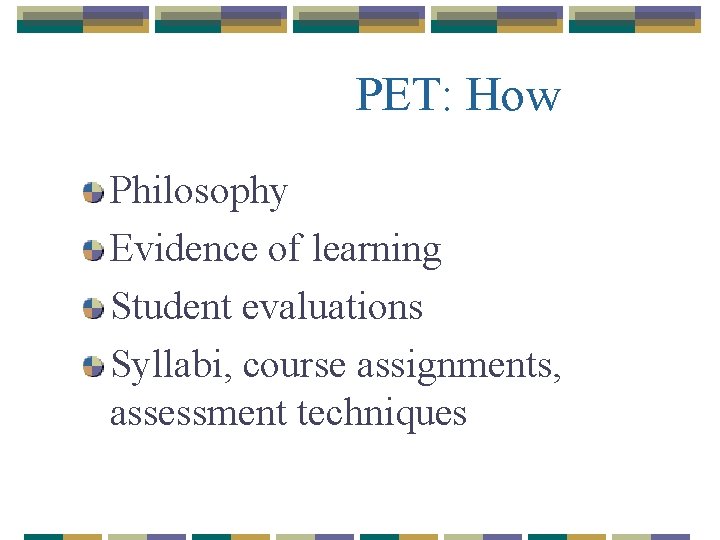 PET: How Philosophy Evidence of learning Student evaluations Syllabi, course assignments, assessment techniques 