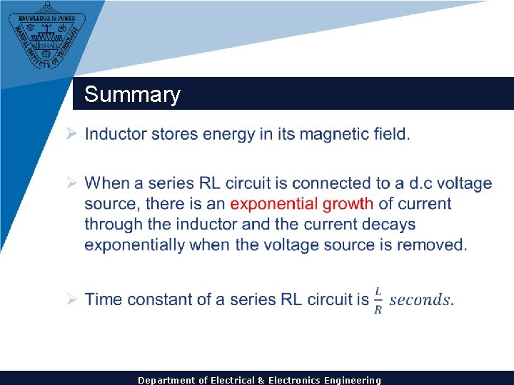 Summary Ø Department of Electrical & Electronics Engineering 