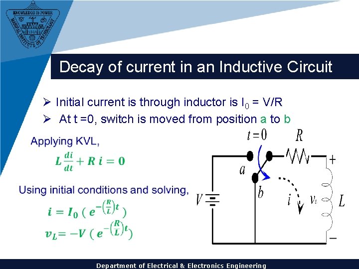 Decay of current in an Inductive Circuit Ø Initial current is through inductor is
