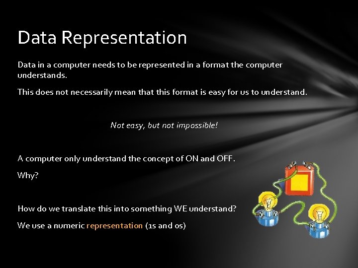 Data Representation Data in a computer needs to be represented in a format the