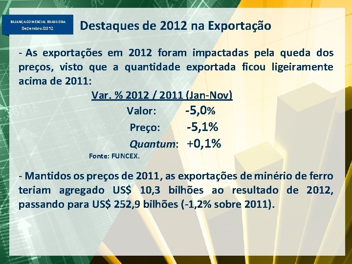 BALANÇA COMERCIAL BRASILEIRA Dezembro/2012 Destaques de 2012 na Exportação - As exportações em 2012
