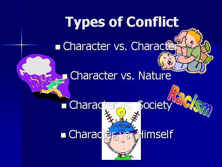 Types of Conflict n Character vs. Character n Character vs. Nature n Character vs.
