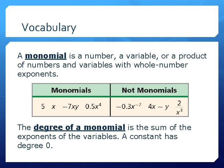 Vocabulary A monomial is a number, a variable, or a product of numbers and