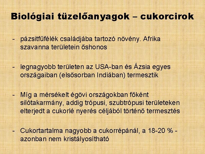 Biológiai tüzelőanyagok – cukorcirok - pázsitfűfélék családjába tartozó növény. Afrika szavanna területein őshonos -