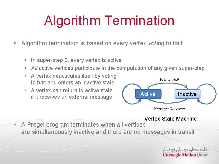 Algorithm Termination § Algorithm termination is based on every vertex voting to halt §