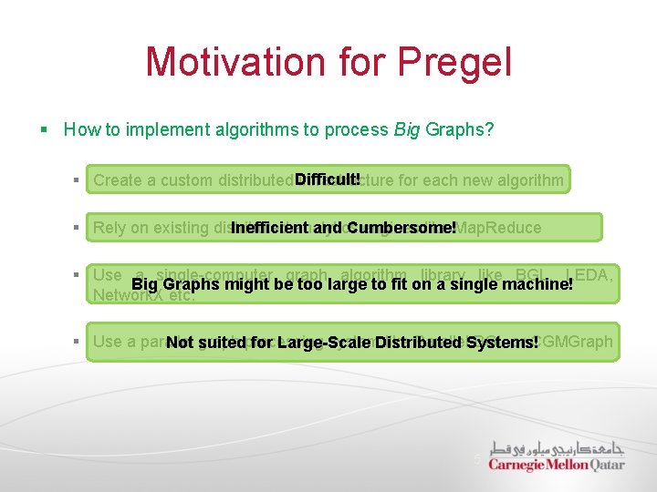 Motivation for Pregel § How to implement algorithms to process Big Graphs? § Create