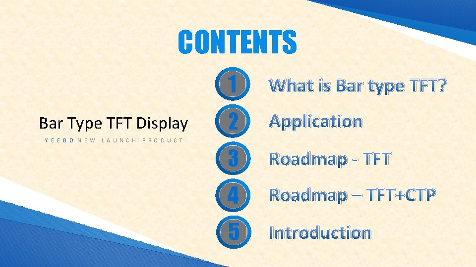 CONTENTS Bar Type TFT Display Y E E B O N E W L