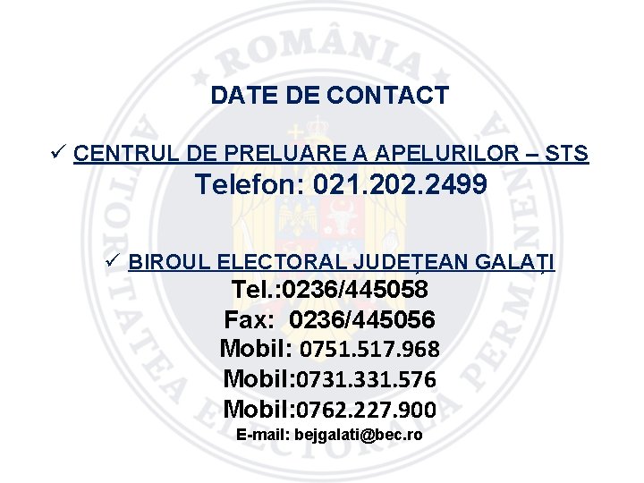 DATE DE CONTACT ü CENTRUL DE PRELUARE A APELURILOR – STS Telefon: 021. 202.