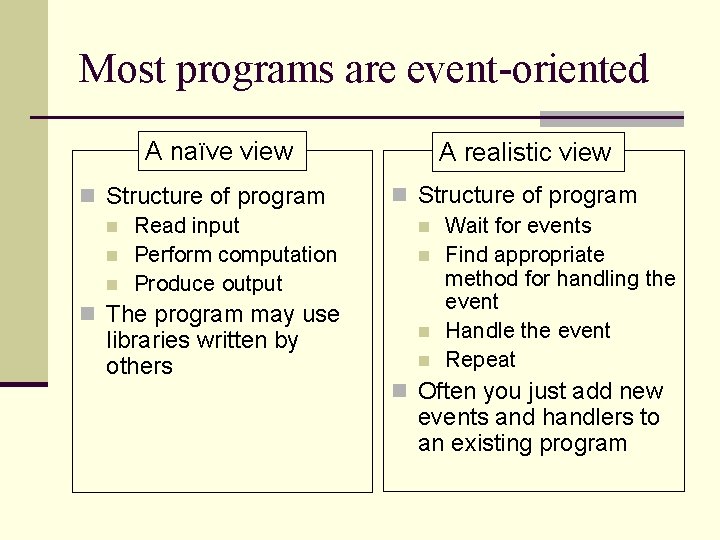 Most programs are event-oriented A naïve view n Structure of program n Read input