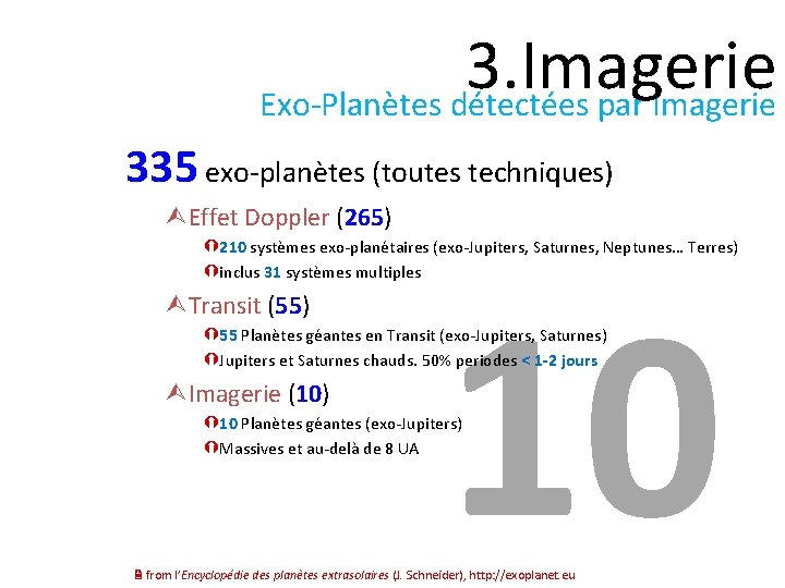 3. Imagerie Exo-Planètes détectées par Imagerie 335 exo-planètes (toutes techniques) Effet Doppler (265) 210