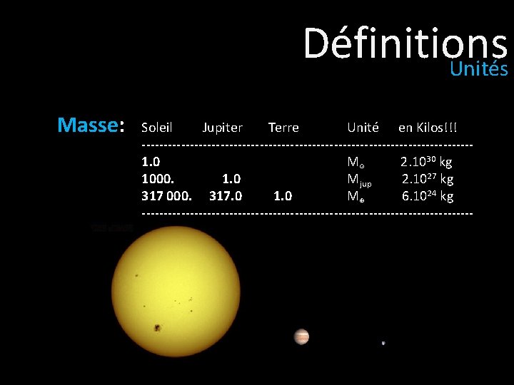 Définitions Unités Masse: Soleil Jupiter Terre Unité en Kilos!!! --------------------------------------1. 0 M⊙ 2. 1030