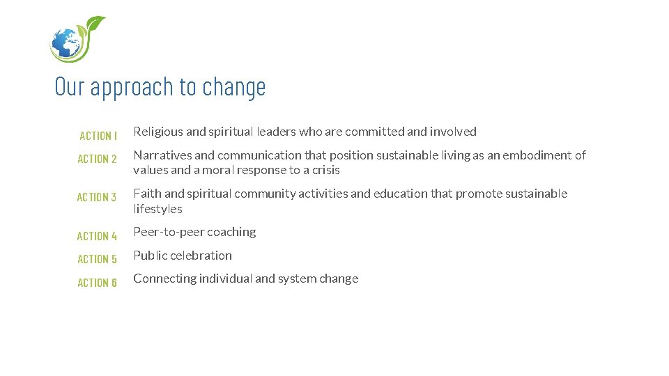 Our approach to change ACTION I Religious and spiritual leaders who are committed and